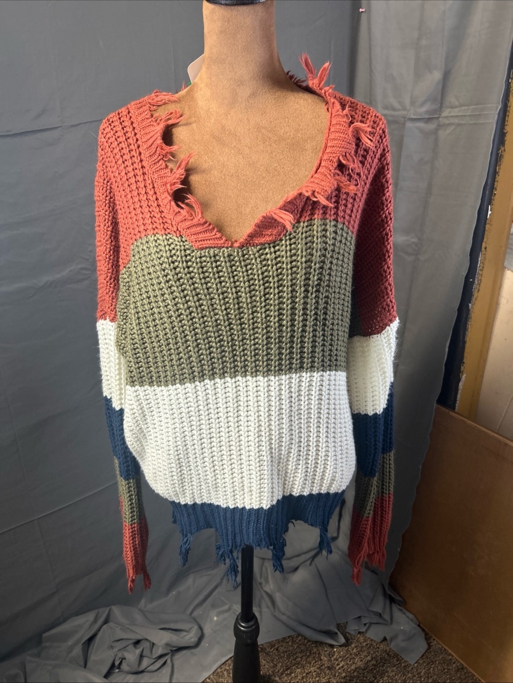 Womenβs Medium Distressed Colorblock Sweater Grunge Y2K Boho Oversized